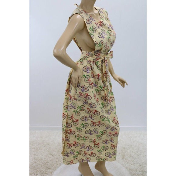 Long Bib Apron Bicycles on Yellow seersucker fabric Wrap style Pinafore M L - Picture 6 of 9